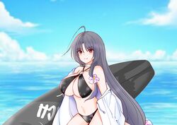  absurdres ahoge bikini black_bikini black_hair blue_sky breasts brown_eyes choker cloud day female highres hood hooded_jacket horizon jacket kantai_collection large_breasts long_hair low-tied_long_hair o-ring o-ring_bikini ocean outdoors pretzel_bikini shouhou-san_daisuki_teitoku shouhou_(kancolle) sky solo surfboard swimsuit white_choker white_jacket 