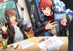  2boys blue_eyes blush bottle brown_eyes brown_hair ensemble_stars! headphones highres jacket kindo long_sleeves looking_at_viewer male_focus microphone morisawa_chiaki multiple_boys open_mouth protected_link purple_eyes red_eyes ryuuseitai_(ensemble_stars!) shirt short_hair simple_background smile suou_tsukasa table white_background 