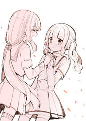  2girls ^_^ bad_id bad_pixiv_id blunt_bangs blush braid christy_mii closed_eyes commentary_request cowboy_shot curly_hair dot_nose dutch_angle expressionless flat_chest floating_hair futaba_sana gradient holding_hands interlocked_fingers kamihama_university_affiliated_school_uniform long_hair long_sleeves looking_at_another low_ponytail magia_record:_mahou_shoujo_madoka_magica_gaiden mahou_shoujo_madoka_magica mizuna_girls&#039;_academy_school_uniform monochrome multiple_girls parted_lips petals pleated_skirt profile ribbon sailor_collar school_uniform scrunchie short_sleeves sidelocks simple_background skirt spot_color standing tamaki_iroha thighhighs twintails uniform very_long_hair white_background wide-eyed 