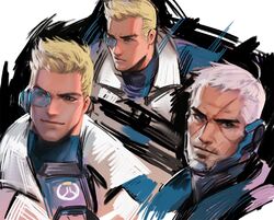  1boy age_progression armor blonde_hair blue_eyes chest_armor closed_mouth dopey_(dopq) jacket male_focus multiple_views official_alternate_costume overwatch overwatch_1 scar scar_on_face scar_on_mouth scouter short_hair smile soldier:_76_(overwatch) spiked_hair strike_commander_morrison upper_body white_hair white_jacket 