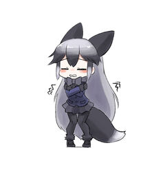  animal_ears black_bow black_bowtie black_footwear black_fur black_gloves black_hair black_necktie black_pantyhose black_skirt blue_jacket blush bow bowtie closed_eyes commentary extra_ears female fox_ears fox_girl fox_tail fur_trim gloves grey_hair highres jacket kemono_friends long_hair long_sleeves multicolored_hair necktie okome_kogashi pantyhose pleated_skirt romaji_commentary self_hug silver_fox_(kemono_friends) skirt solo tail trembling 