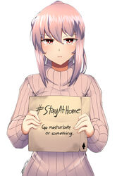  absurdres arrow_(symbol) box bright_pupils cardboard_box closed_mouth commentary dated english_commentary english_text female grey_sweater hashtag highres holding holding_sign jitome light_frown looking_at_viewer original pink_hair ponytail red_eyes ribbed_sweater sign signature simple_background solo stay_at_home suraya_(z666ful) sweater white_background z666ful 