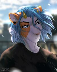  2022 4:5 anthro blue_eyes blue_hair clothed clothing day detailed_background digital_media_(artwork) eyebrows eyelashes felid feline hair hi_res horn lesspie male mammal outside sky solo sun_(smu) 