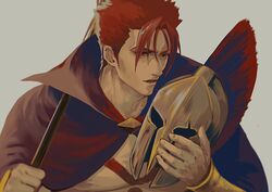  1boy bad_id bad_twitter_id cape fate/grand_order fate_(series) helmet holding holding_helmet iduhara_jugo leonidas_(fate) looking_to_the_side male_focus muscular muscular_male open_mouth polearm red_hair solo spear tattoo upper_body weapon 