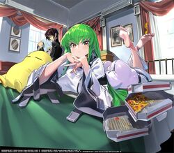  1boy ashford_academy_school_uniform ass barefoot bedroom black_hair breast_rest breasts c.c. code_geass code_geass:_genesic_re;code commentary_request crossed_ankles feet feet_up female green_hair head_rest indoors legs_together lelouch_vi_britannia long_hair looking_at_viewer lying official_art on_stomach school_uniform skin_tight skindentation solo_focus the_pose whoopin yellow_eyes 