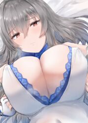  azur_lane bad_id bad_pixiv_id blue_scarf blush breasts cleavage dress elbow_gloves female fingerless_gloves gloves grey_hair highres huge_breasts kousi_sirazawa looking_at_viewer lying official_alternate_costume on_back red_eyes saint-louis_(azur_lane) saint-louis_(holy_knight&#039;s_resplendence)_(azur_lane) scarf solo upper_body white_dress 