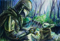  absurdres alien armor baby colored_skin commentary din_djarin green_skin grogu helmet highres holding male_focus mandalorian marker_(medium) multiple_boys pointy_ears scenery star_wars the_mandalorian traditional_media yuurai 