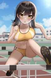  absurdres blush borrowed_character breasts brown_hair buruma collarbone female hair_between_eyes highres hisui_(user_zvkr2432) medium_breasts medium_hair mole mole_on_breast navel open_mouth original outdoors shoes sneakers solo sports_bra stomach sweat track_and_field track_uniform tsubasa_(kureha) two-tone_sports_bra yellow_buruma yellow_eyes yellow_sports_bra 