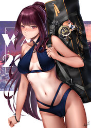  absurdres bag bikini blue_bikini blush breasts bullpup cameltoe carrying_bag collarbone criss-cross_halter female girls&#039;_frontline gun halterneck highres long_hair looking_at_viewer navel purple_hair red_eyes rifle sniper_rifle solo swimsuit tan tanlines von.franken wa2000_(girls&#039;_frontline) walther walther_wa_2000 weapon 