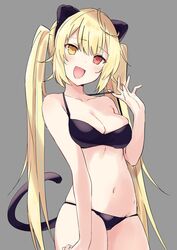  :d animal_ears bad_id bad_twitter_id bare_shoulders bikini bikini_pull black_bikini blonde_hair breasts cat_tail cleavage clothes_pull collarbone commentary_request cowboy_shot fake_animal_ears female grey_background h_(eitilog) hairband halterneck hand_up heterochromia highres hoshikawa_sara long_hair looking_at_viewer medium_breasts navel nijisanji open_mouth red_eyes skindentation smile solo stomach string_bikini swimsuit tail thighs twintails very_long_hair virtual_youtuber yellow_eyes 