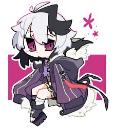  androgynous antenna_hair asymmetrical_legwear bandaged_leg bandages black_choker black_coat black_hair black_shorts blush chibi choker coat commentary criss-cross_halter crop_top female flower_(gynoid_talk) flower_(symbol) flower_(vocaloid) full_body fur-trimmed_coat fur_trim gynoid_talk halter_shirt halterneck highres hood hood_down hooded_coat kneehighs long_hair long_sleeves looking_at_viewer multicolored_coat multicolored_hair open_clothes open_coat open_mouth outline platform_footwear purple_background purple_coat purple_eyes purple_shirt raised_eyebrows shirt short_shorts shorts single_kneehigh single_sock sleeves_past_fingers sleeves_past_wrists socks solo streaked_hair striped_clothes striped_socks toeless_footwear tokonoma_q two-tone_background vocaloid white_background white_hair white_outline 