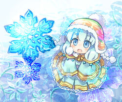  :d blue_eyes blush chibi dress female from_above full_body hat knit_hat long_hair looking_up open_mouth pom_pom_(clothes) pote_(ptkan) rune_master_(sekaiju) rune_master_2_(sekaiju) sekaiju_no_meikyuu sekaiju_no_meikyuu_4 smile snowflakes solo white_hair 