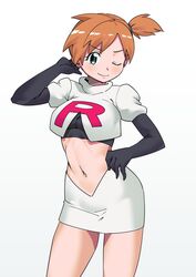  ;) black_gloves blush breasts commentary_request commission cosplay crop_top cropped_jacket elbow_gloves eyelashes female gloves green_eyes hand_on_own_hip hand_up jacket jessie_(pokemon) jessie_(pokemon)_(cosplay) kasumi_(pokemon) logo looking_at_viewer makino_harumaki midriff navel one_eye_closed orange_hair pokemon pokemon_(anime) pokemon_(classic_anime) short_hair side_ponytail simple_background skeb_commission skirt smile solo team_rocket team_rocket_uniform white_background white_jacket white_skirt 