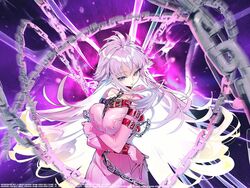  belt blonde_hair blue_hair breasts chains code_geass code_geass:_genesic_re;code collarbone colored_inner_hair female gigi_(code_geass) gloves gradient_hair head_tilt jacket large_breasts long_hair multicolored_hair official_art parted_lips pink_gloves pink_hair pink_jacket purple_eyes red_belt solo straitjacket very_long_hair whoopin 