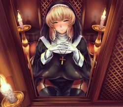  black_robe blonde_hair blush breasts candle candlestand covered_nipples cross cross_necklace female fire gloves green_eyes habit highres indoors jewelry large_breasts long_sleeves looking_at_viewer necklace nun original robe sitting smile solo tomako_(tatihitoe) white_gloves 