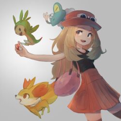  :d bag black_shirt black_thighhighs blonde_hair bongnom breasts brown_eyes chespin eyewear_on_headwear female fennekin froakie gradient_background handbag hat highres holding holding_poke_ball long_hair looking_at_another looking_to_the_side open_mouth orange_skirt parted_bangs poke_ball poke_ball_(basic) pokemon pokemon_(creature) pokemon_xy red_headwear serena_(pokemon) shirt simple_background skirt sleeveless sleeveless_shirt small_breasts smile starter_pokemon_trio thighhighs white_background 