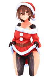  alternate_costume android ass_visible_through_thighs belt blush breasts brown_eyes brown_hair christmas closed_mouth clothes_lift collarbone commentary cowboy_shot dress dress_lift eyelashes female hair_between_eyes hat highres hololive looking_at_viewer maco_(yamamac) mechanical_arms medium_breasts off-shoulder_dress off_shoulder pom_pom_(clothes) red_dress red_hat roboco-san santa_costume santa_dress santa_hat short_hair simple_background smile solo thighs virtual_youtuber white_background 