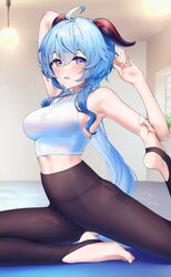  ahoge alternate_costume arm_up armpits bare_shoulders black_pants blue_eyes blurry blurry_background blush breasts commentary_request crop_top exercising feet female flexible ganyu_(genshin_impact) genshin_impact goat_horns gradient_eyes hand_up hanging_light high-waist_pants highres horns indoors leg_up long_hair looking_at_viewer medium_breasts midriff mikazuki_mika multicolored_eyes no_shoes open_mouth pants pigeon_pose ponytail shiny_clothes shirt sidelocks sitting sleeveless sleeveless_shirt sleeveless_turtleneck soles solo split stirrup_legwear stretching sweat thighs toeless_legwear toes turtleneck very_long_hair white_shirt yoga yoga_pants 