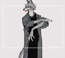  1boy animal_ears black_legwear black_shirt body_fur claws coat furry furry_male grey_background hair_over_eyes highres long_coat looking_to_the_side nagabe original plaid plaid_coat shirt short_hair signature sleeves_past_wrists sleeves_pushed_up tail tongue tongue_out wolf_boy wolf_ears wolf_tail 