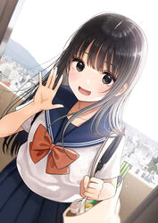  :d bag black_hair blue_sailor_collar blue_skirt blurry blush bow brown_eyes cityscape collarbone commentary_request day dutch_angle female hand_up highres holding_strap kentaurosu long_hair looking_at_viewer official_art open_mouth ore_no_mei_wa_shourai_donna_aite_to_kekkon_suru_n_darou? outdoors pleated_skirt red_bow sailor_collar school_uniform serafuku shibai_erika shirt short_sleeves skirt sky smile solo straight_hair very_long_hair white_shirt 