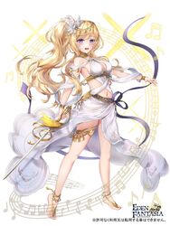  bare_shoulders barefoot barefoot_sandals_(jewelry) blonde_hair blue_eyes breasts cleavage commentary_request copyright_name dress eden_fantasia feather_hair_ornament feathers female full_body hair_ornament hane_yuki highres holding holding_sword holding_weapon large_breasts long_hair looking_at_viewer navel open_mouth ponytail purple_ribbon revealing_clothes ribbon robin_(eden_fantasia) solo sword teeth translation_request upper_teeth_only watermark weapon white_dress white_feathers 