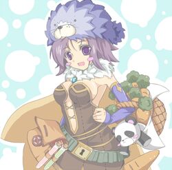  alchemist_(ragnarok_online) bag basket blue_gloves blush blush_stickers breasts brown_cape brown_dress cape carrot commentary_request cowboy_shot dress elbow_gloves female fingerless_gloves fur_collar gloves large_breasts looking_at_viewer lowres open_mouth purple_eyes purple_hair ragnarok_online seal_(animal) seal_(ragnarok_online) shimotsuki_nozomi short_hair smile solo strapless strapless_dress stuffed_animal stuffed_panda stuffed_toy vial 