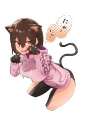  android animal_ears bent_over blush bottomless breasts brown_eyes brown_hair camouflage cat_ears cat_tail commentary cowboy_shot embarrassed female hair_between_eyes highres hololive hood hoodie kemonomimi_mode leaning_forward looking_at_viewer maco_(yamamac) mechanical_arms medium_breasts official_alternate_costume open_mouth paw_pose pink_hoodie roboco-san roboco-san_(hoodie) short_hair simple_background solo speech_bubble tail teeth thighs translated virtual_youtuber white_background 