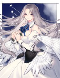  absurdres angel_wings azur_lane blue_eyes blue_flower blue_rose breasts cowboy_shot cross cross_earrings dress earrings female flower highres holding holding_flower jewelry large_breasts long_hair rose star_(symbol) white_hair wings yononaka yorktown_(azur_lane) yorktown_ii_(azur_lane) 