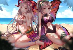  2girls alternate_costume animal_print arm_support armband beach bikini black_flower black_hair black_one-piece_swimsuit blurry blurry_foreground blush bracelet breasts butterfly_print butterfly_wings casual_one-piece_swimsuit cleavage clothing_cutout cloud covering_own_mouth crown_of_thorns day english_commentary facial_mark fairy_wings fire_emblem fire_emblem_heroes flip-flops flower flower_necklace forehead_mark freyja_(fire_emblem) freyja_(summer)_(fire_emblem) goat_horns gradient_hair hair_between_eyes hair_flower hair_ornament hairband halterneck hand_on_own_hip hand_over_own_mouth highres horns insect_wings jewelry keipup large_breasts leaf linea_alba long_hair looking_at_viewer multicolored_hair multiple_girls navel navel_cutout necklace ocean official_alternate_costume one-piece_swimsuit orange_eyes outdoors pelvic_curtain plumeria_(fire_emblem) plumeria_(summer)_(fire_emblem) ponytail red_eyes sandals shadow showgirl_skirt smile summer swimsuit thigh_strap thighs thorns twitter_username very_long_hair watermark white_bikini white_flower white_hair white_one-piece_swimsuit wings 