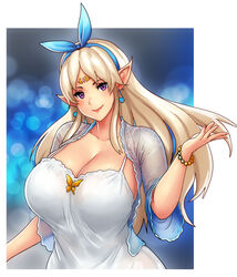  bead_bracelet beads blonde_hair blue_bow borrowed_character bow bracelet breasts cleavage dress earrings english_commentary erkaz female hairbow highres huge_breasts jewelry lens_flare long_hair looking_at_viewer musical_note_earrings open_hand original pointy_ears purple_eyes second-party_source see-through smile solo white_dress 