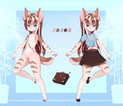  :3 animal_ears artist_name bag barefoot blue_background blue_eyes blue_outline blue_shirt blush body_fur breasts brown_footwear brown_hair cat_ears cat_girl cat_tail closed_mouth clothes_on/clothes_off clothes_writing coffee_bean_hair_ornament color_guide commentary completely_nude english_commentary english_text fang_out faux_japanese faux_text female full_body furry furry_female hair_ornament hairclip happy heart highres leg_up light_blush long_hair looking_at_viewer methynecros midriff miniskirt multicolored_hair multiple_views navel no_nipples no_pussy nude oerba_yun_fang original outline pawpads pleated_skirt shirt shoes short_sleeves sidelocks skin_fang skirt small_breasts smile standing standing_on_one_leg stomach streaked_hair symmetry tail two-tone_hair watermark white_hair 