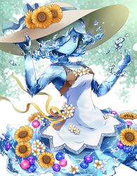  blue_eyes blue_skin colored_skin dress elemental_(creature) female flower hair_flower hair_ornament hat highres looking_at_viewer monster_girl original ribbon slime_girl smile sun_hat sundress sunflower togeshiro_azami water white_dress yellow_ribbon 