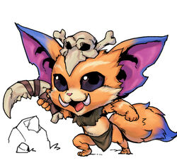  1boy black_eyes black_sclera colored_sclera fangs gnar_(league_of_legends) grey_background holding holding_weapon league_of_legends looking_at_viewer male_focus orange_fur phantom_ix_row pointy_ears simple_background skull_on_head solo tail teeth tongue weapon yordle 