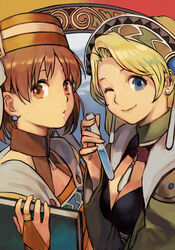  2girls atelier_(series) atelier_elie atelier_marie blonde_hair blue_eyes book breasts bridal_gauntlets brown_eyes brown_hair cleavage dress earrings elfir_traum hat holding holding_book hungry_clicker jewelry long_hair long_sleeves marie_(atelier) medium_hair multiple_girls one_eye_closed orange_dress orange_headwear smile test_tube upper_body wide_sleeves 