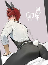  1boy animal_ears ass ass_focus back black_pants black_vest blush kaidou_j1 looking_back male_focus male_playboy_bunny ookanehira_(touken_ranbu) pants rabbit_ears rabbit_tail red_hair shirt short_hair sleeves_rolled_up solo tail thighs touken_ranbu translation_request twitter_username vest white_shirt 