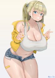  aymusk bandaid bandaid_on_leg bandaid_on_thigh blonde_hair blue_eyes blue_shorts blush breasts cleavage collarbone commentary_request covered_nipples curvy denim denim_shorts double_v exposed_pocket female freckles-chan_(aymusk) grey_background grin hair_between_eyes highleg highleg_panties highres jacket large_breasts leaning_forward long_hair mole mole_on_breast navel open_fly original panties short_shorts shorts simple_background smile solo sports_bra standing stomach teeth thighs unbuttoned underwear v white_panties white_sports_bra yellow_jacket 