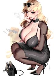  absurdres bad_id bad_twitter_id bag black_dress blonde_hair blue_eyes breasts cheemsburger_(doge) cian_yo cigarette cleavage deal_with_it_(meme) dollar_sign dress eyewear_on_head female full_body handbag high_heels highres holding holding_cigarette huge_breasts long_hair meme original pantyhose signature simple_background smile squatting sunglasses white_background 