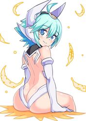  ahoge ass azure_striker_gunvolt bare_shoulders blue_eyes blush breasts butt_crack closed_mouth cougar_(cougar1404) elbow_gloves female gloves green_hair gunvolt_chronicles_luminous_avenger_ix headgear looking_at_viewer roro_(gunvolt) short_hair smile solo 