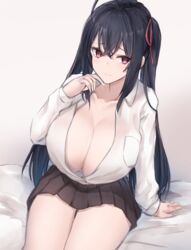  ahoge alternate_costume azur_lane bad_id bad_pixiv_id black_hair black_skirt breasts commission downblouse female hair_between_eyes hair_ribbon highres huge_breasts kousi_sirazawa long_hair looking_at_viewer miniskirt no_bra partially_unbuttoned pixiv_commission pleated_skirt purple_eyes red_ribbon ribbon school_uniform shirt sitting skirt solo taihou_(azur_lane) uniform white_shirt 