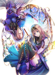  2girls alicia_(valkyrie_profile_2) armor armored_dress blonde_hair blue_eyes highres holding holding_weapon long_hair multiple_girls shinrin_kusaba silmeria_valkyrie sword thighhighs valkyrie valkyrie_profile_(series) valkyrie_profile_2:_silmeria weapon 