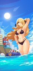  absurdres arm_behind_head arm_up armpits artist_name bad_source ball bare_shoulders beachball bikini black_bikini blonde_hair blue_sky breasts building cleavage cliff closed_mouth cloud cloudy_sky cocktail cocktail_umbrella cup cynthia_(pokemon) day drinking_glass eyelashes female fence floating_hair garchomp grass grey_eyes hair_ornament hair_over_one_eye hand_on_own_hip highres innertube itzah long_hair looking_at_viewer medium_breasts multi-strapped_bikini_bottom navel o-ring o-ring_bikini o-ring_bottom one_eye_covered outdoors parted_bangs partially_underwater_shot pixel_art pokemon pokemon_bw pokemon_center sidelocks sky smile solo standing stomach sun swept_bangs swim_ring swimsuit very_long_hair volleyball volleyball_(object) wading water wind 