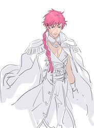  1boy bad_id bad_twitter_id blue_eyes braid closed_mouth coat coat_on_shoulders epaulettes fate/grand_order fate_(series) francis_drake_(fate) genderswap_(ftm) gloves highres long_hair looking_at_viewer male_focus pants partially_colored pink_hair recursive_genderswap rule_63 sankomichi simple_background single_braid solo standing white_background 