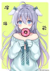  :3 ahoge animal_ears aqua_bow aqua_ribbon aqua_shirt blue_eyes blush bow commentary_request dog_ears doughnut ear_ribbon female food green_background grey_hair hair_between_eyes long_hair looking_at_viewer mouth_hold neck_ribbon off-shoulder_shirt off_shoulder original paw_print paw_print_background ribbon sakurai_makoto_(custom_size) shii-chan_(sakurai_makoto_(custom_size)) shirt simple_background sleeves_past_fingers sleeves_past_wrists solo striped striped_bow striped_ribbon twitter_username upper_body 