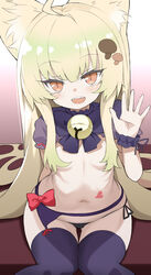  absurdres ahoge animal_ear_fluff animal_ears black_panties black_thighhighs blonde_hair blush bow breasts female garter_belt highres long_hair looking_at_viewer navel open_mouth orange_eyes original panties shimejinameko sitting small_breasts smile solo thighhighs thighs underwear very_long_hair 