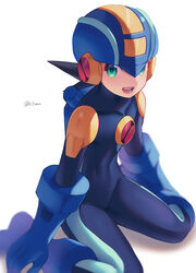  1boy :d blue_bodysuit blue_helmet blurry bodysuit brown_hair covered_collarbone depth_of_field green_eyes happy helmet highres male_focus mega_man_(series) mega_man_battle_network_(series) megaman.exe netnavi open_mouth short_hair simple_background sitting smile solo spiked_hair teeth twitter_username upper_teeth_only white_background zero-go 