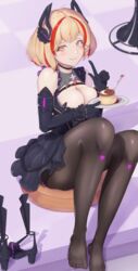  azur_lane black_choker black_dress black_footwear black_gloves blonde_hair breasts choker cleavage_cutout clothing_cutout commentary_request dress elbow_gloves female food frilled_dress frills full_body gloves headgear high_heels highres holding holding_plate large_breasts medium_hair multicolored_hair orange_eyes pantyhose plate pudding red_hair roon_(azur_lane) roon_(muse)_(azur_lane) ropi_(yyuichi29) shoes short_dress sleeveless sleeveless_dress smile solo streaked_hair two-tone_hair unworn_shoes wrist_cuffs 