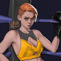  artist_name asymmetrical_hair black_gloves boxing_gloves boxing_ring breasts cleavage cleavage_cutout clothing_cutout commentary english_commentary female finka_(rainbow_six_siege) gloves lips looking_at_viewer medium_breasts orange_hair rainbow_six_siege scar short_hair sitting solo sports_bra suisui_again twitter_username undercut 