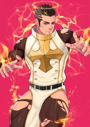  1boy bara black_bodysuit bodysuit facial_hair feet_out_of_frame fire frown halo highres looking_at_viewer male_focus maorenc mature_male moustache muscular muscular_male paid_reward_available pyrokinesis short_hair sideburns solo thick_eyebrows thick_thighs thighs tokyo_afterschool_summoners torn_bodysuit torn_clothes zabaniyya_(housamo) 