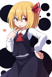  ascot black_skirt black_vest blonde_hair commentary_request cowboy_shot facing_viewer female hair_between_eyes hair_ribbon hand_on_own_hip heart long_sleeves looking_to_the_side medium_hair red_ascot red_eyes red_ribbon ribbon rizento rumia shirt simple_background skirt solo tongue tongue_out touhou v vest white_background white_shirt 