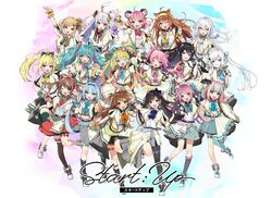  6+girls ahoge amakawa_hano animal_ear_fluff animal_ears annotated aqua_ascot aqua_bow aqua_bowtie aqua_hair aqua_neckerchief aqua_necktie arm_up ascot beamed_eighth_notes belt black_belt black_hair black_ribbon black_socks black_thighhighs blonde_hair blue_ascot blue_eyes blue_hair bow bowtie bridal_garter brooch brown_hair cartoon_bone cat_ears commentary_request crown diagonal-striped_clothes diagonal-striped_necktie everyone gem gradient_ascot green_bow green_eyes grey_skirt group_picture hair_between_eyes hair_ornament hairband hairbow hanabasami_kyou hand_up hat hat_bow hekina_ail himekuma_ribon idenshi_hina idol_clothes inuki_matoi inumochi_tirol izumo_meguru jewelry kazami_mikan kneehighs koto_miyuri kurone_yomi lapel_pin long_hair looking_at_viewer marumochi_tsukimi mini_crown mizugame_mia mouse_ears multicolored_ascot multicolored_background multicolored_clothes multicolored_hair multicolored_skirt multiple_girls musical_note musical_note_hair_ornament navel neck_ribbon neckerchief necktie official_alternate_costume official_art one_eye_closed open_mouth orange_ascot orange_hair orange_ribbon pink_ascot pink_hair pink_neckerchief pink_ribbon plaid plaid_skirt pointing pointing_up purple_eyes qualia_qu rabbit_ears re:act red_ascot red_eyes red_gemstone red_necktie red_ribbon red_skirt ribbon second-party_source shirane_yuki shishigami_leona short_hair short_sleeves single_thighhigh skirt socks striped_clothes striped_socks thigh_strap thighhighs two-tone_hair two-tone_neckerchief two-tone_ribbon usami_yuno v vertical-striped_clothes vertical-striped_socks virtual_youtuber white_ascot white_background white_footwear white_hair white_hat yellow_eyes yellow_hairband yellow_neckerchief yellow_necktie yellow_ribbon yumekawa_kanau 